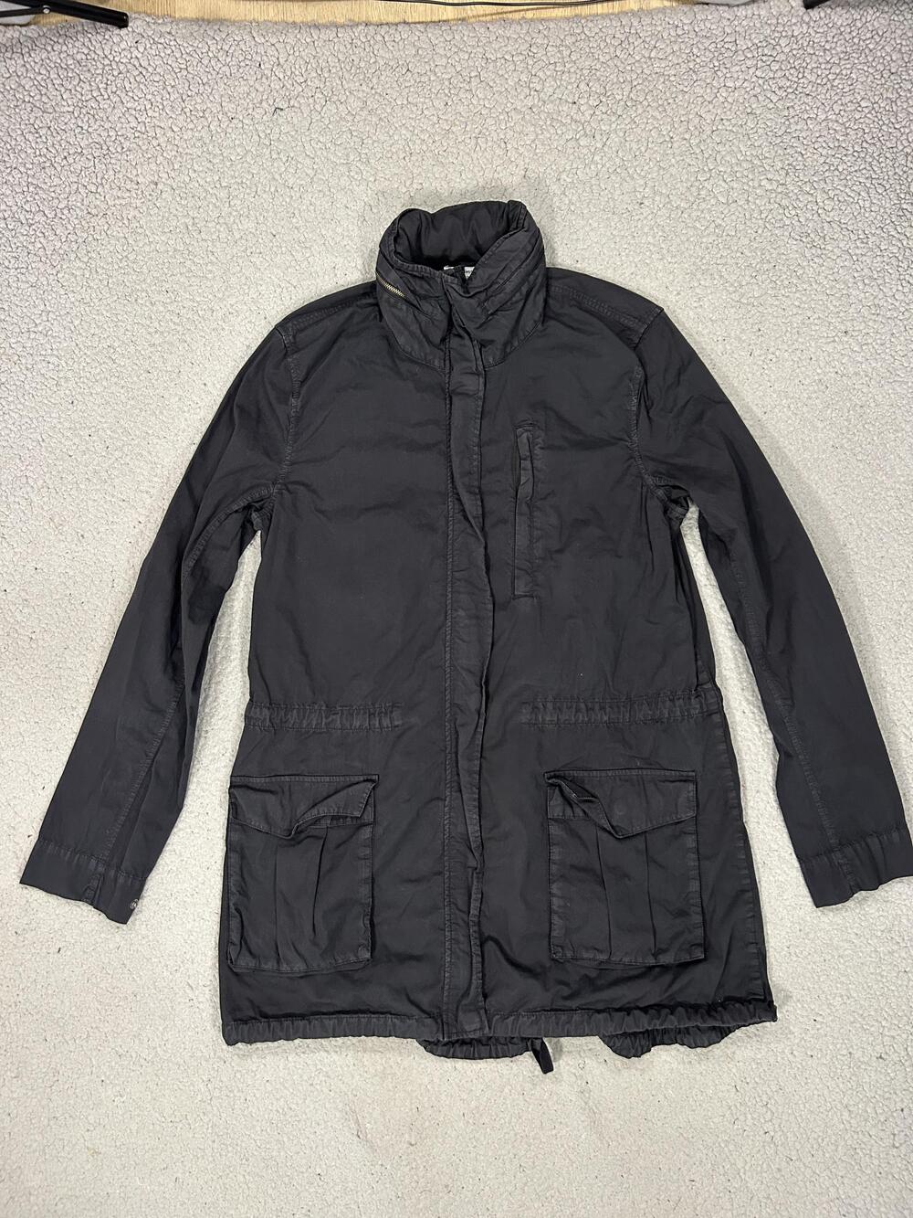 James Perse Coat Womens 3 Black Cotton Twill Parka Full Zip Pockets Drawstring